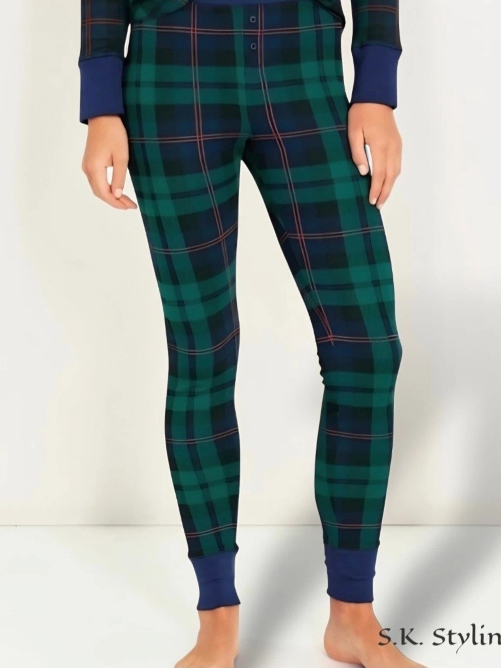 Old Navy Green Blue Red Plaid Thermal Waffle Knit Pants Leggings women's SMALL